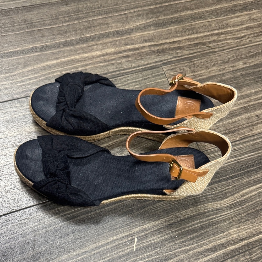 Tory Burch Black and Tan Wedge Sandals